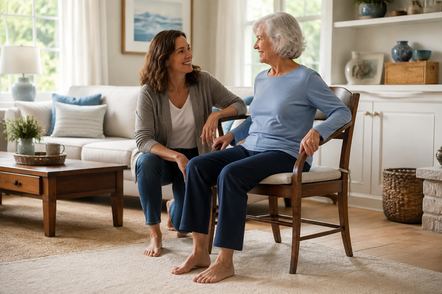 An older woman and a younger woman sharing a relaxed moment at home