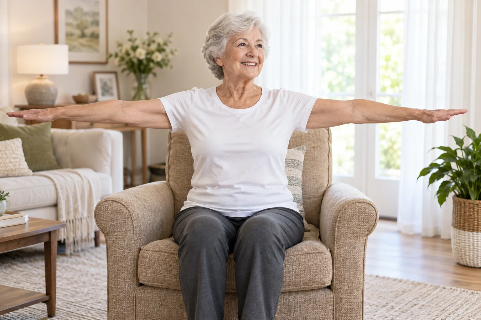 Illustration of an older woman doing seated arm raises at home